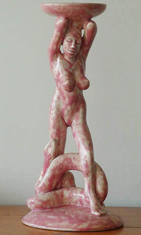 Greg Geffner - Ceramic Sculpture. Bubble Gumb Girl With Snake. Front Left.