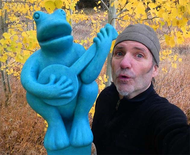 Greg Geffner with Ceramic Sculpture, Frog Playing Banjo