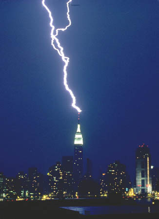 Greg Geffner, Empire State Building With Airliner and Lightning. May 1987.