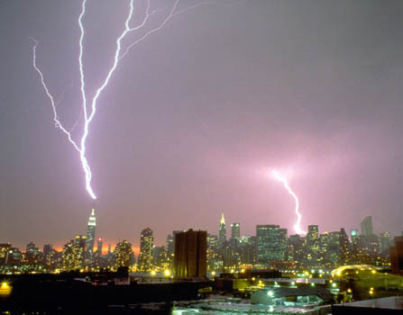 Greg Geffner, Lightning Flash Striking Empire State Building During Sunset. May1, 1997. 8:04 PM.